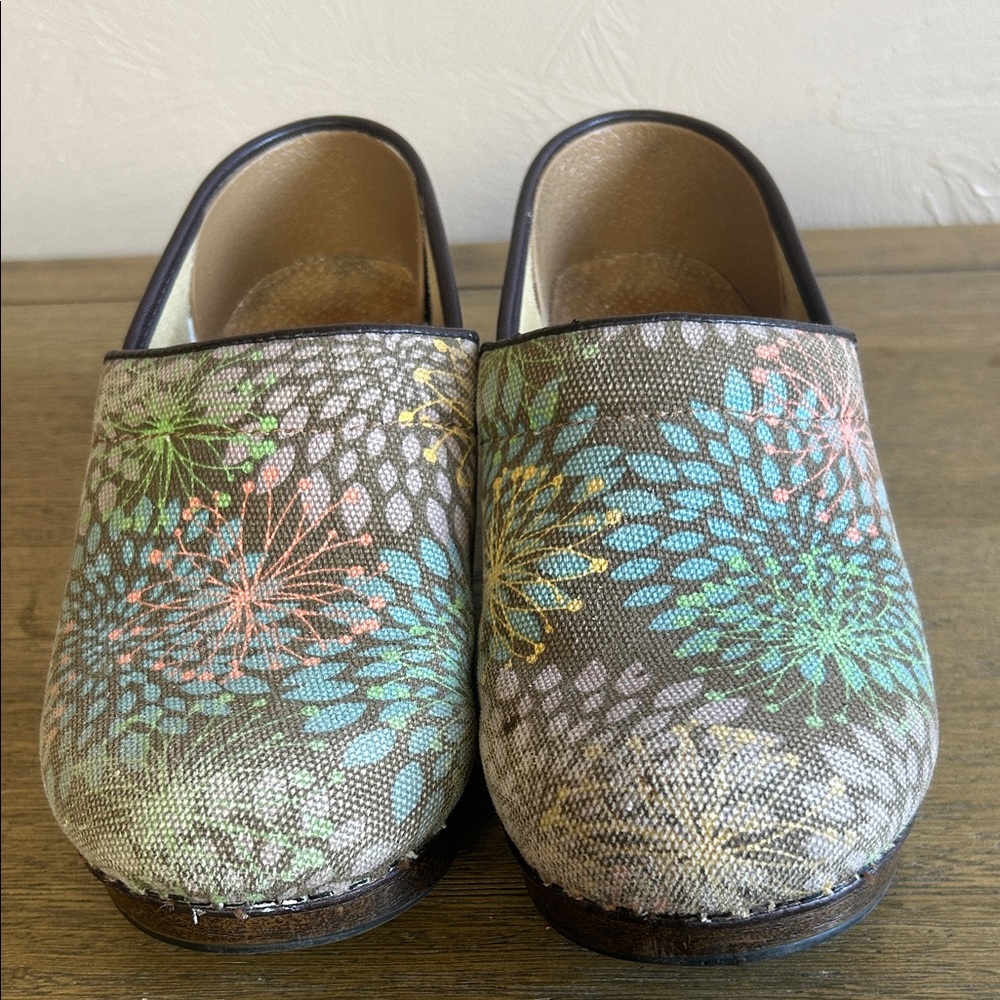 Dansko Canvas Floral Clogs in Brown with Teal, Coral, Yellow Accents